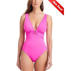 Bleu by Rod Beattie Womens Plunging V-Neck One-Piece Swimsuit 10 Dahlia  NWT $98
